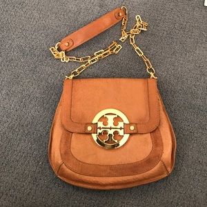 Tory Burch tan and gold cross body bag