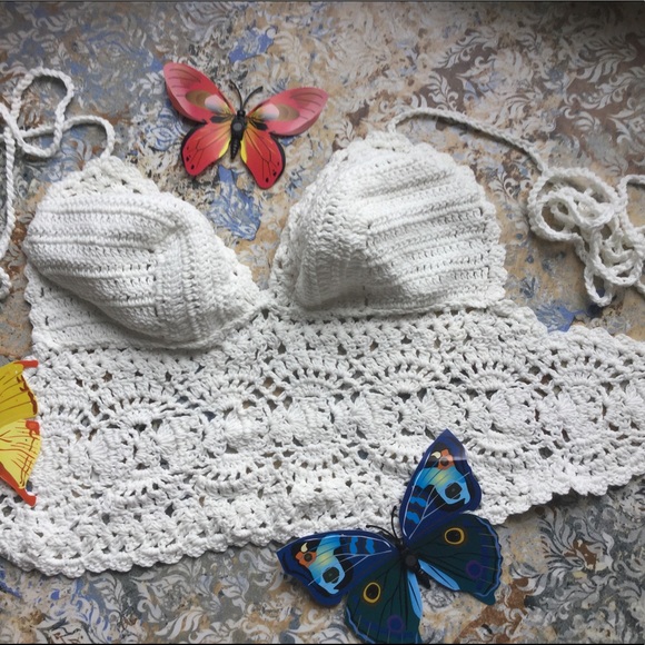 BOHO WHITE CROCHET KNIT UNLINED BRALETTE CAMI SWIM - Picture 3 of 5
