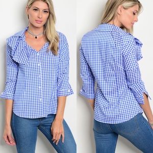 Big Blue Sky Ruffle Collar Gingham Top