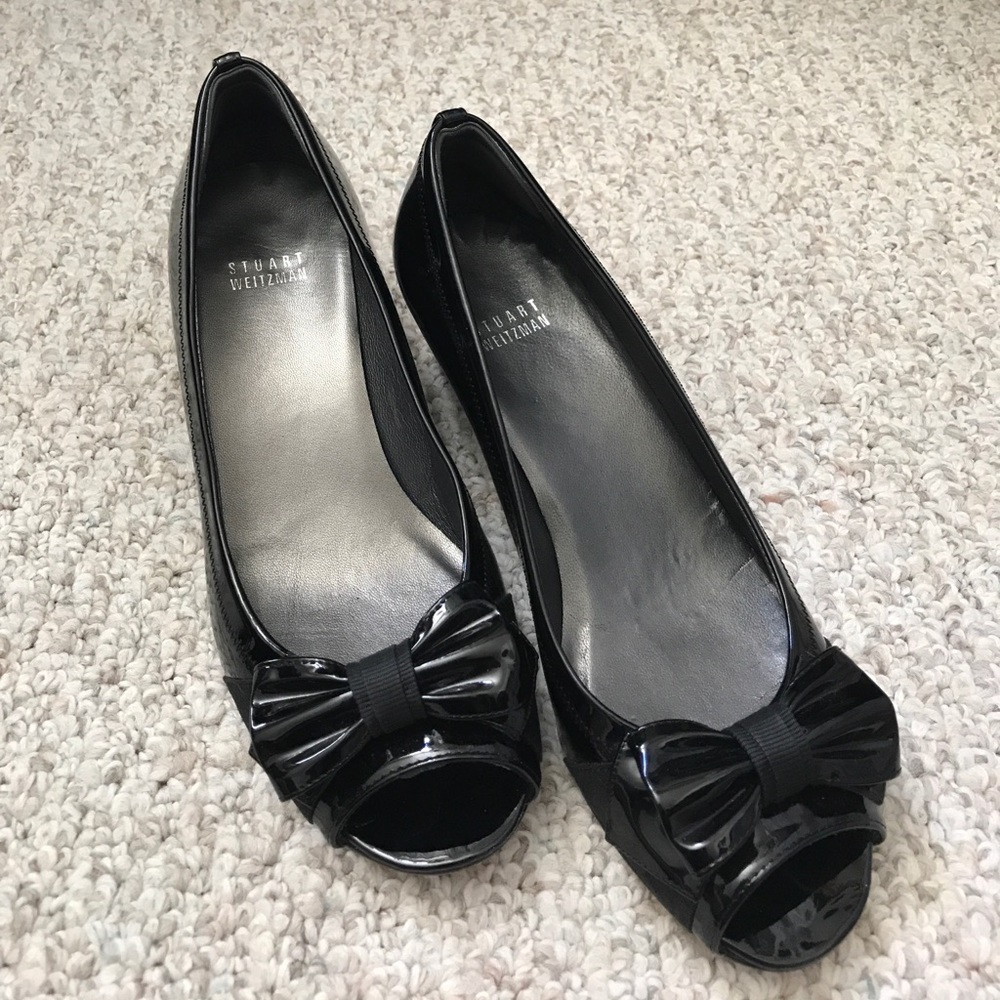 Stuart Weltzman Black Patent Peep Toe Wedges