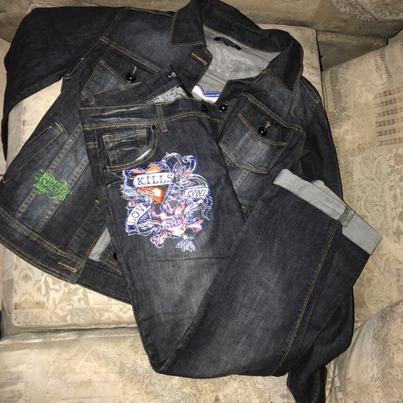 Ed Hardy Denim Jacket And Pants - Picture 1 of 8