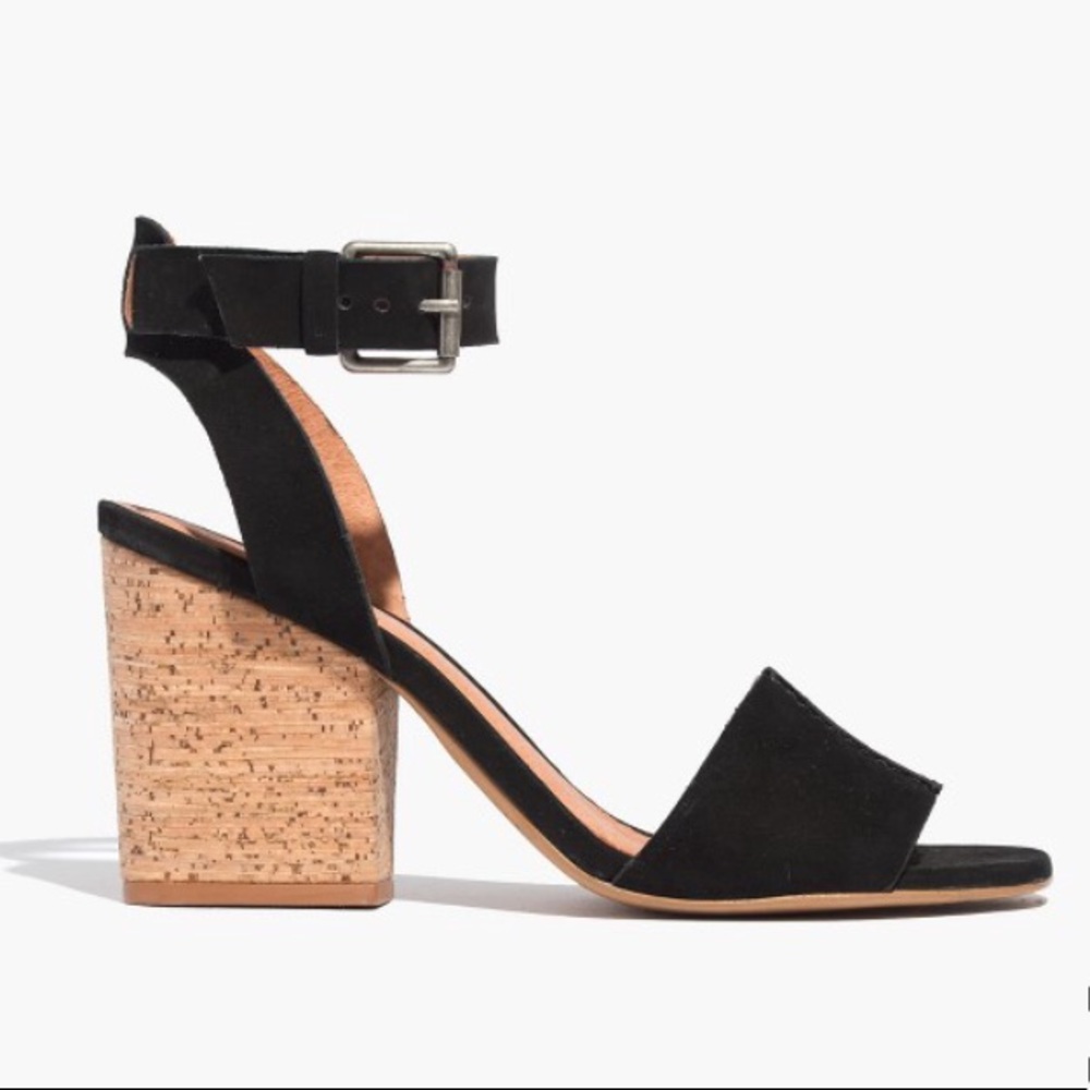 Madewell cork block ankle sandals black suede 11