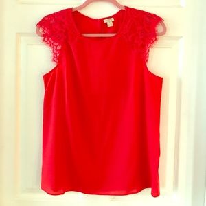 J. Crew factory red silk blouse with lace detail