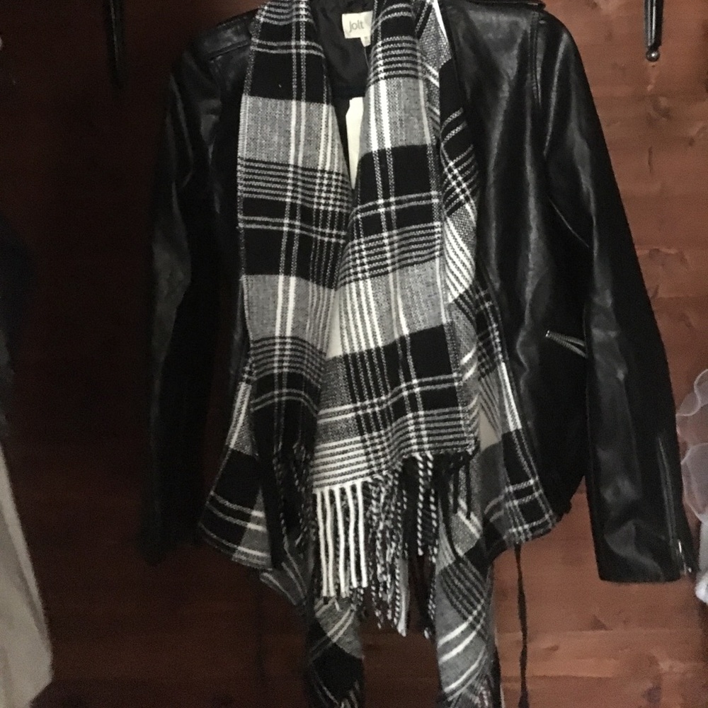 leather jacket with plaid scarf