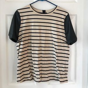J.Crew Factory striped tshirt with leather sleeves