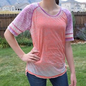 prAna Purple and Salmon Faded Baseball Tee