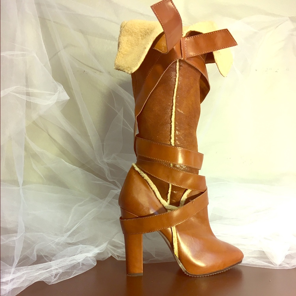 Max Studio cognac high knee boots with fur