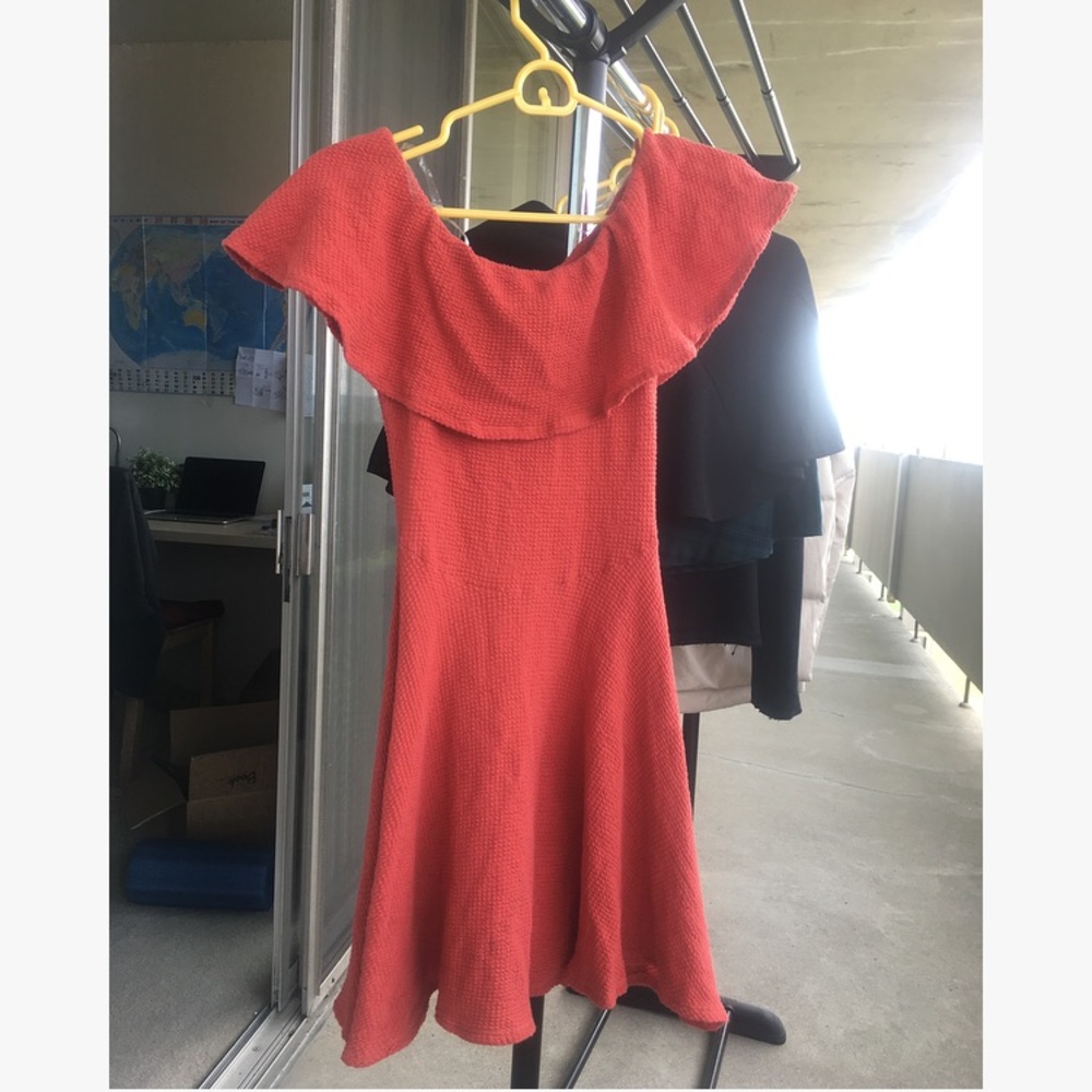 off-shoulder coral red dress