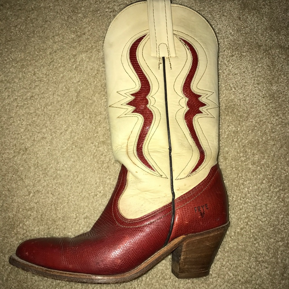 Frye Red & Cream Exotic Reptile Cowboy Boots