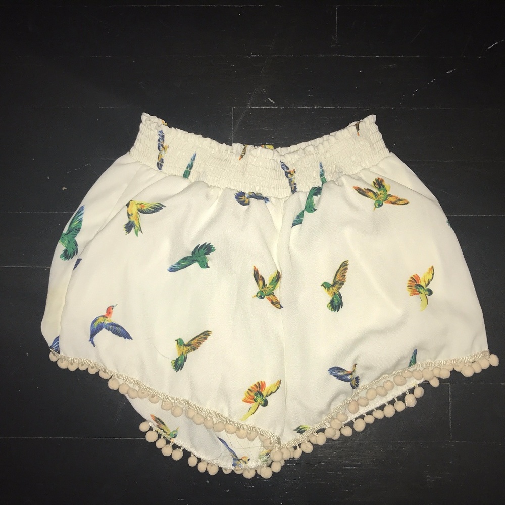 White Dress Shorts with Multicolored Hummingbirds