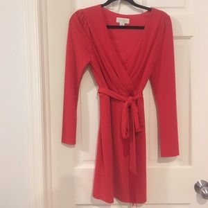 Red faux wrap dress.  Tie with tassel at bottom.