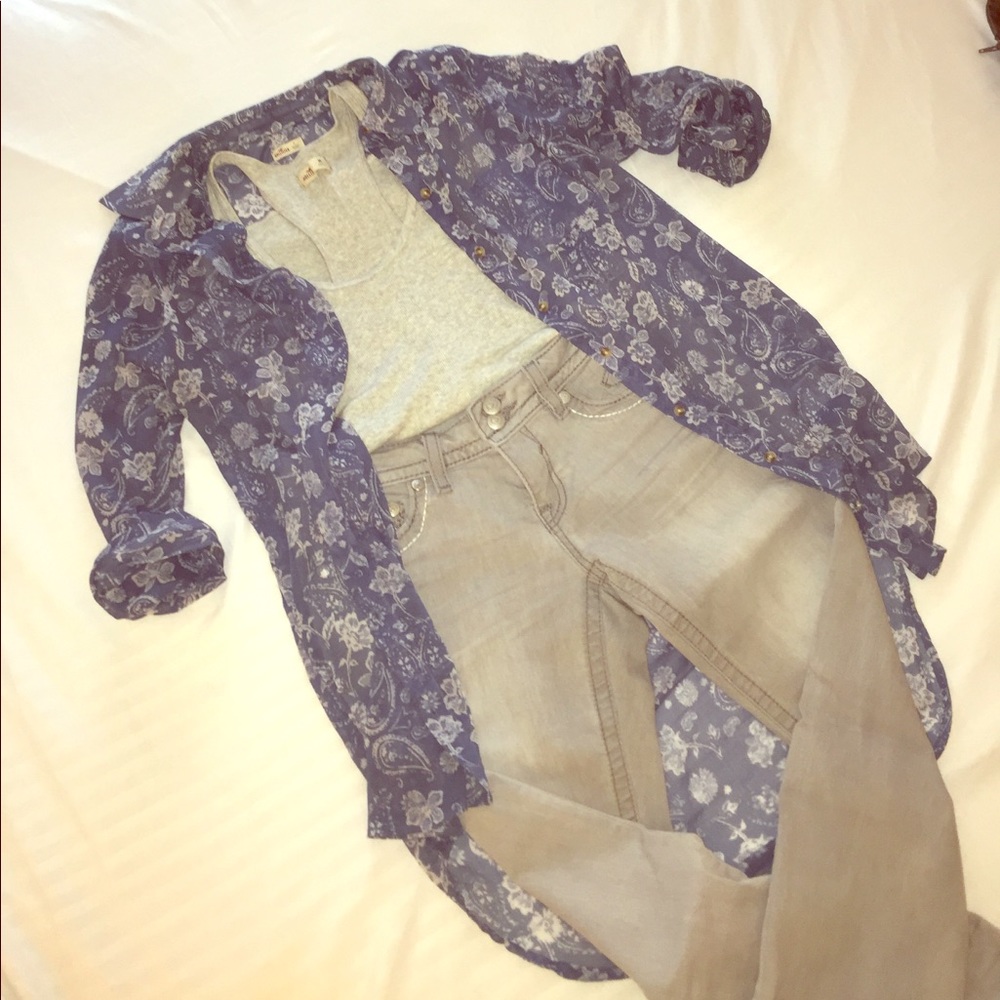 SOLD! Hollister sheer blue floral long button down