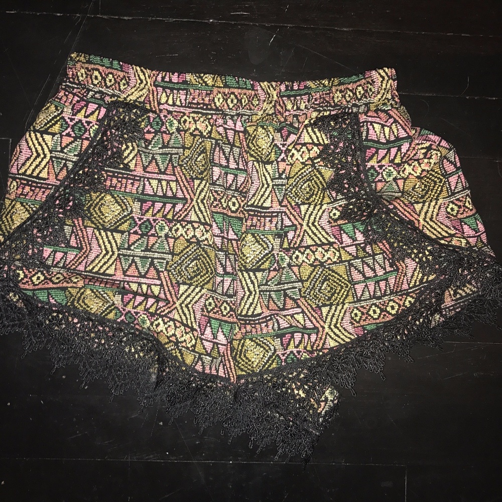 Multicolored Dress Shorts with Black Lace Detail
