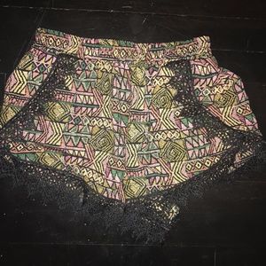 Multicolored Dress Shorts with Black Lace Detail