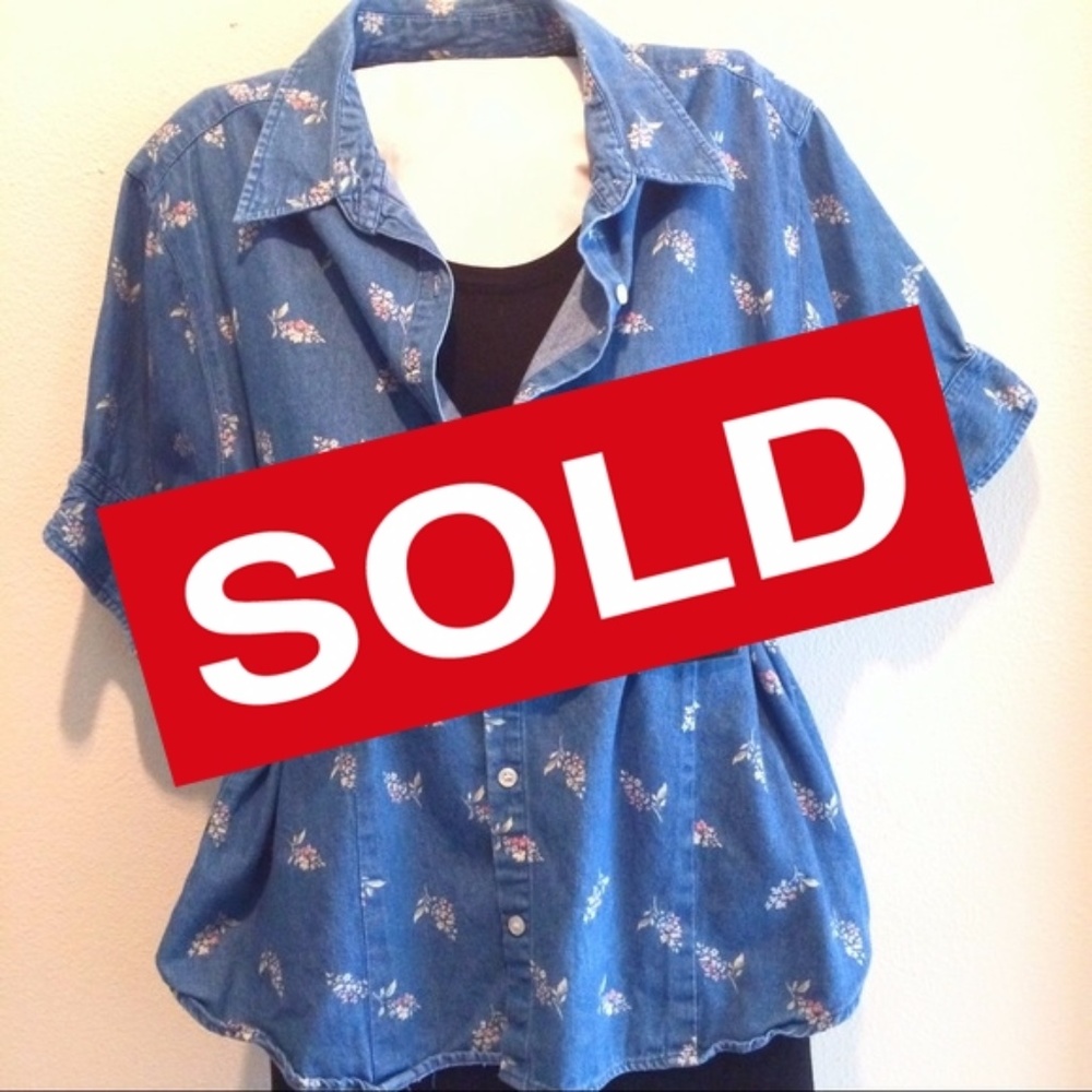 Denim Floral Short Sleeved Button Down Shirt Sz 2x