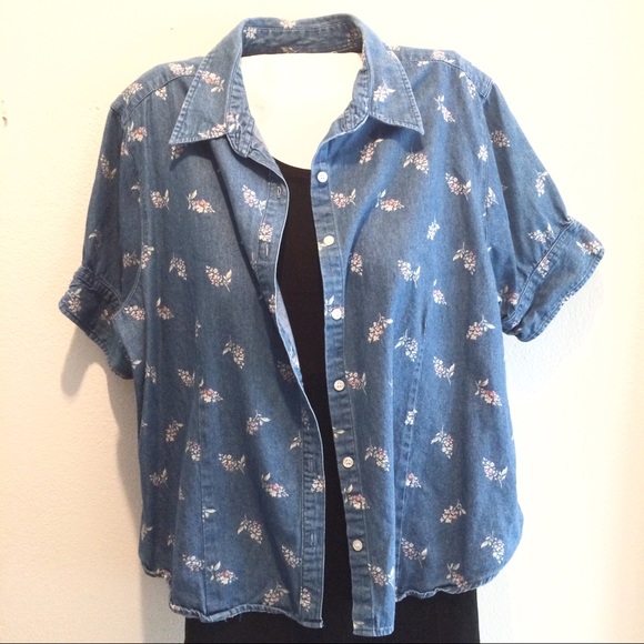 Denim Floral Short Sleeved Button Down Shirt Sz 2x - Picture 4 of 4