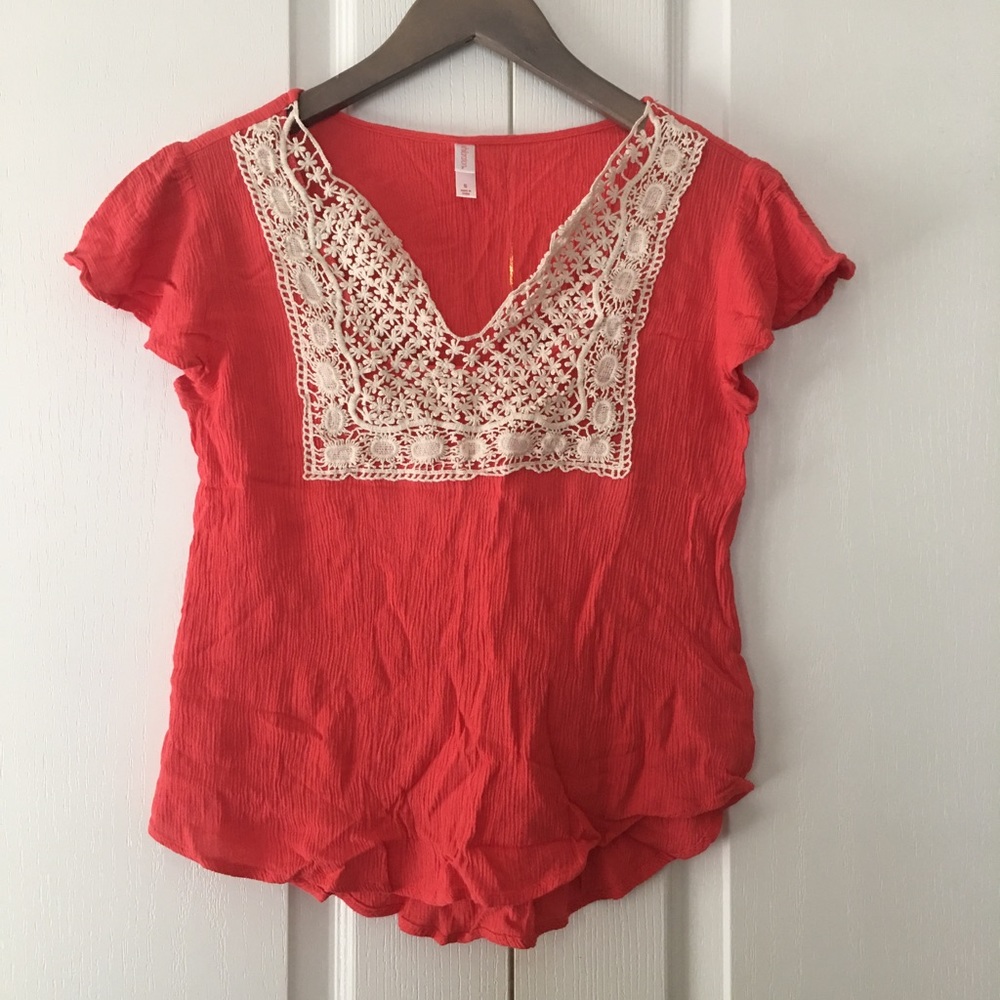 Coral, boho top with crochet bibb size Small