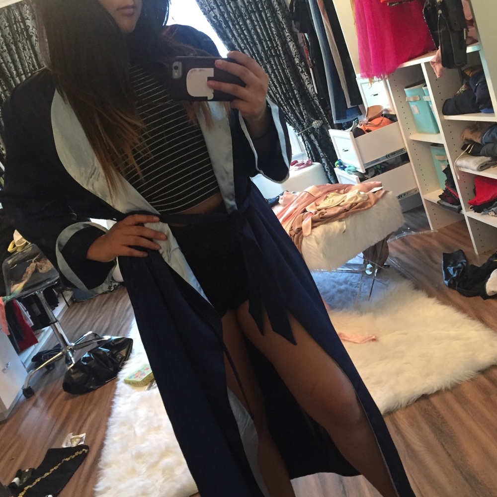 Navy blue full length satin robe
