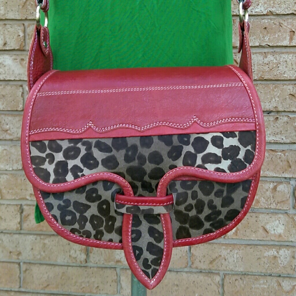 Red Leather /Animal Print Crossbody Bag
