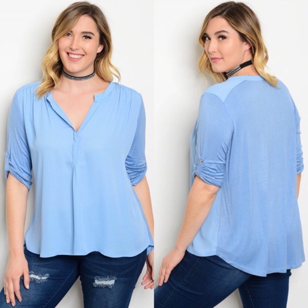  Plus Size Blue V Neck