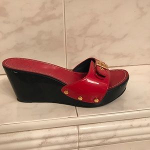 Tory Burch wedge sandals, red and navy