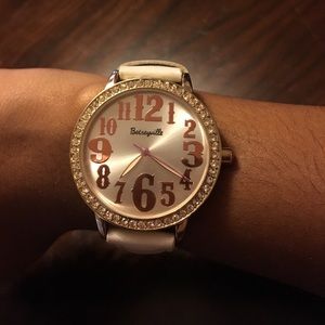 White Betsey Johnson women watch with gold face