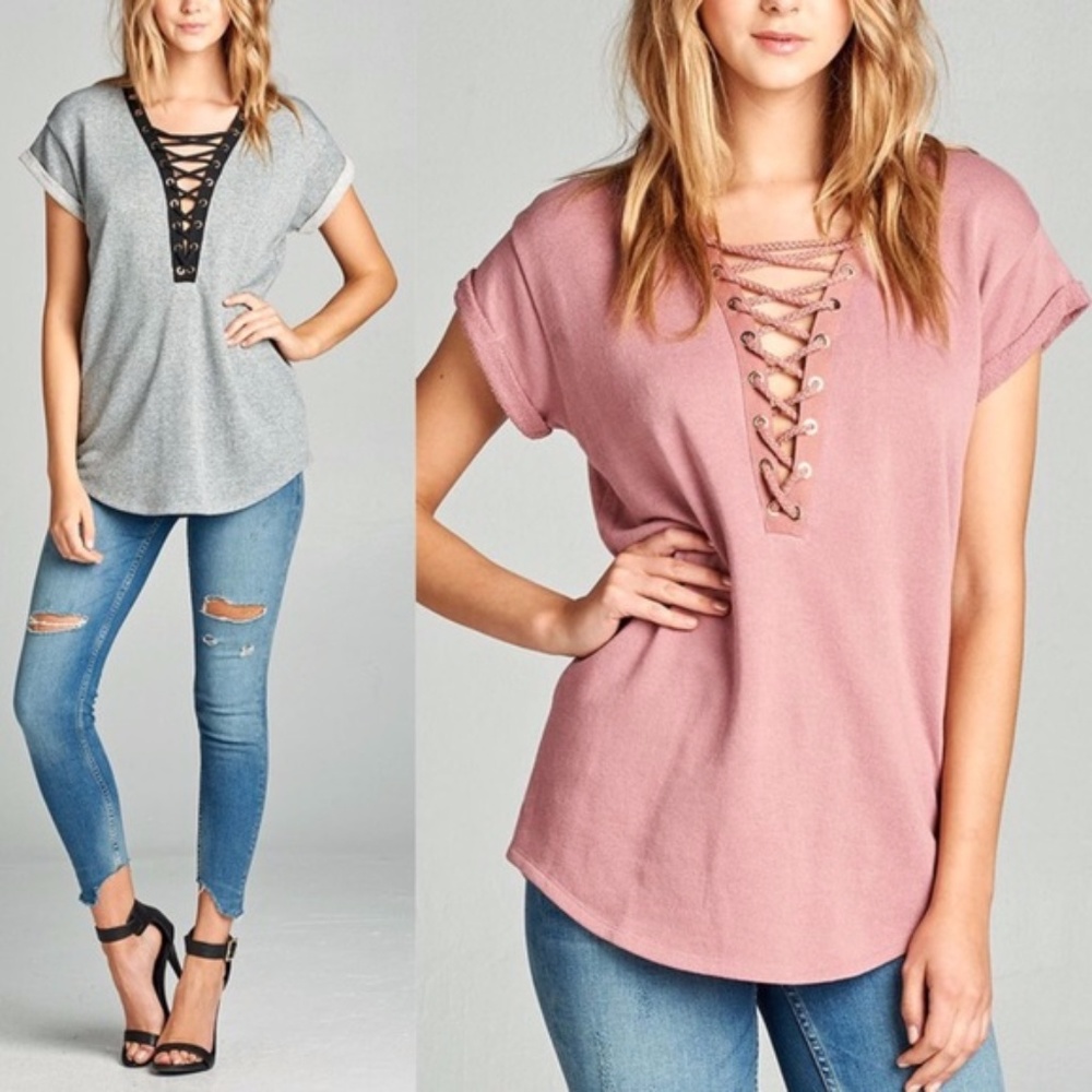Pink lace up plunge top