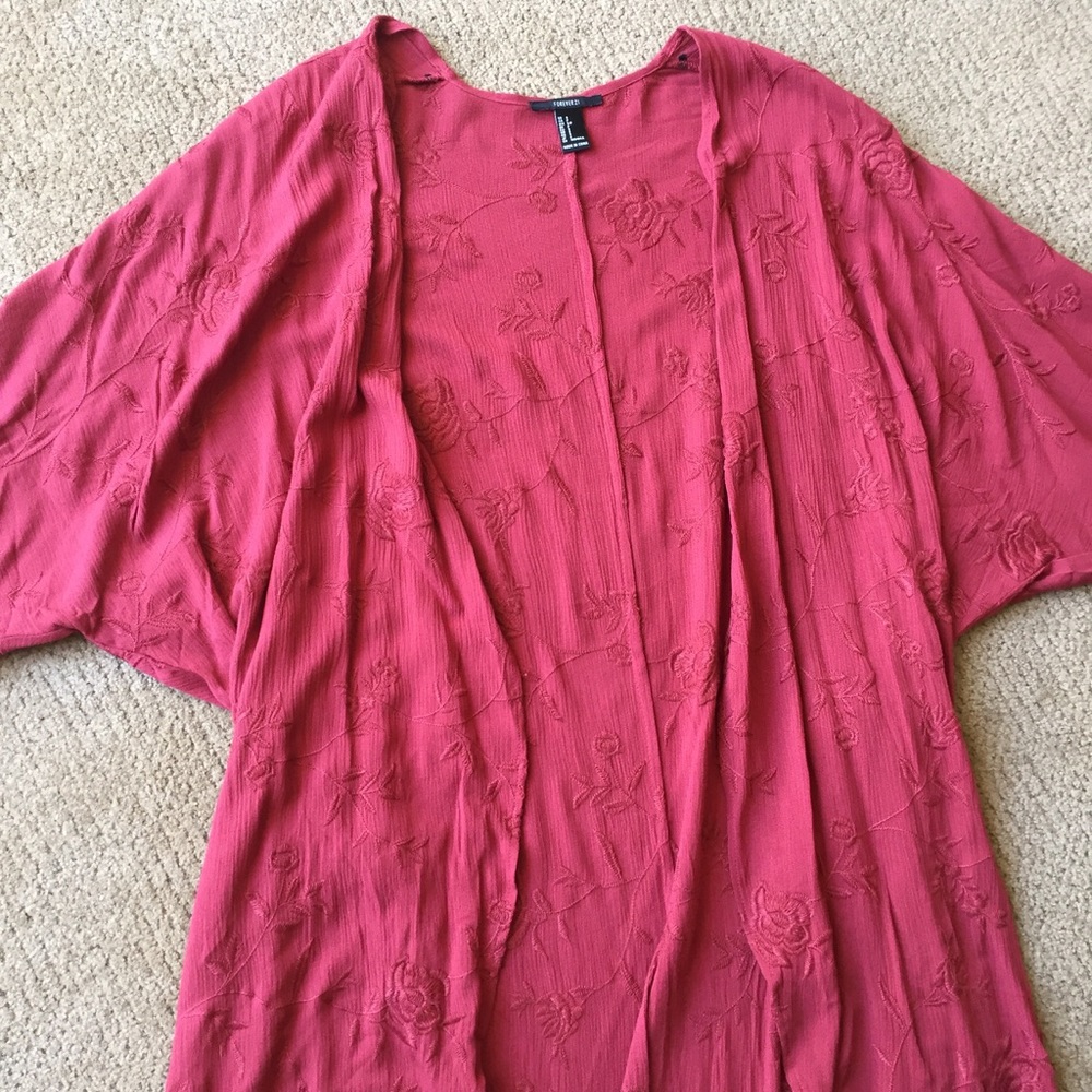 Rust Red Floral Embroidered Kimono