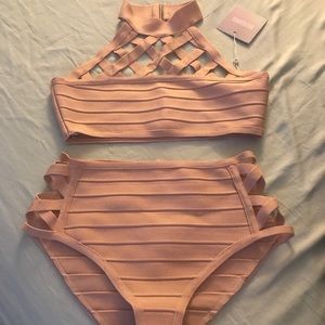 Missguided Nude Lattice Neck Bandage Bikini