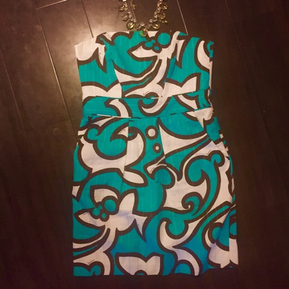 SOLD. Milly Dress Turquoise & brown pattern - Picture 2 of 4