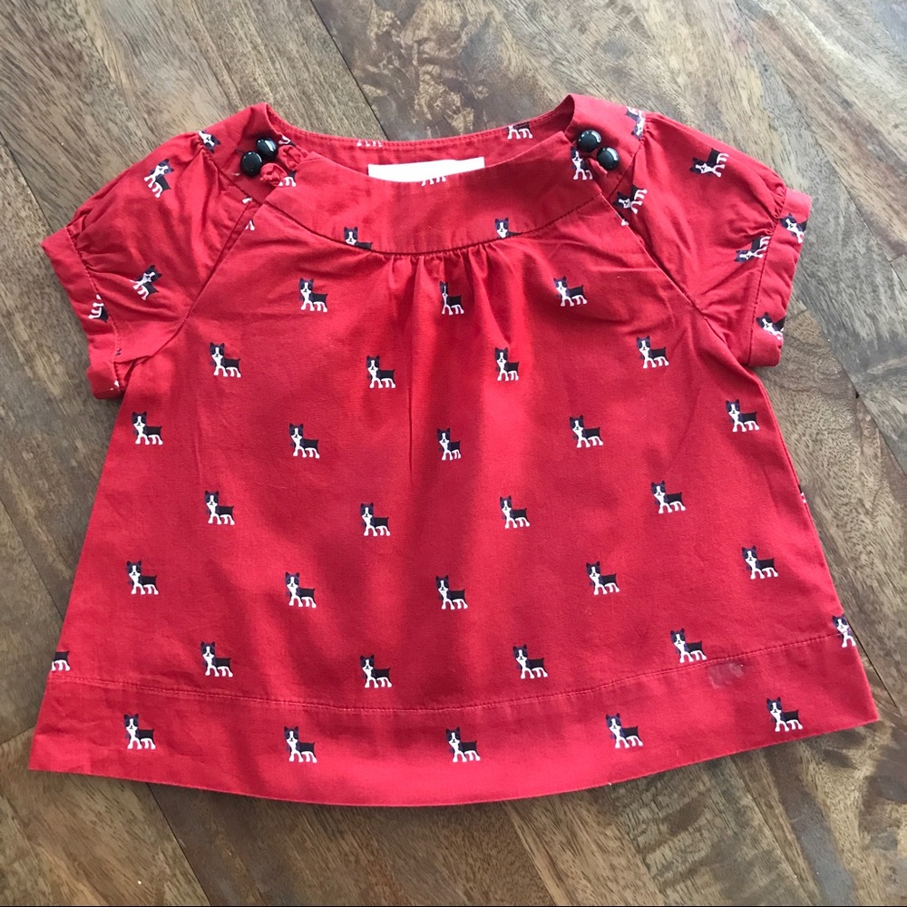 Janie and Jack top. Red w/ Dogs. Button detail