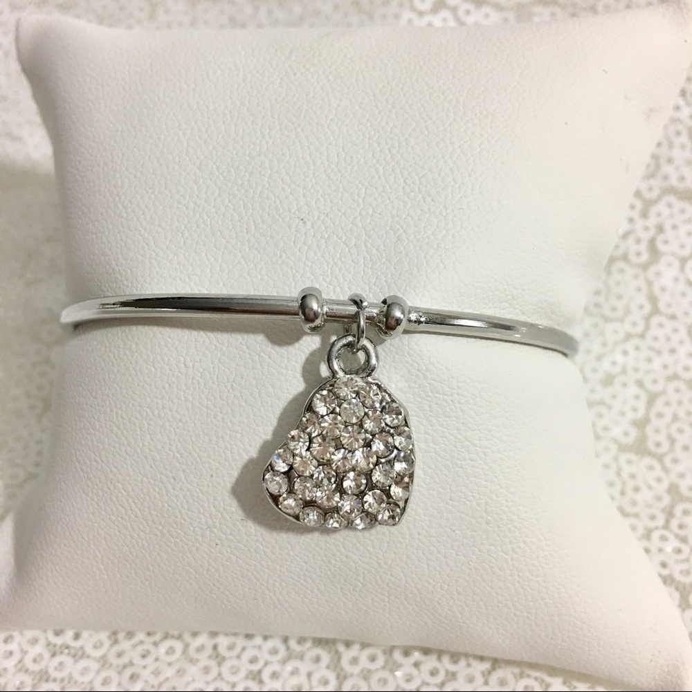 Silver cuff bracelet with rhinestone heart charm