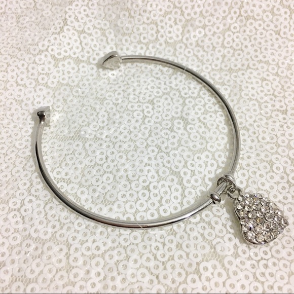 Silver cuff bracelet with rhinestone heart charm - Picture 2 of 8