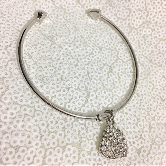 Silver cuff bracelet with rhinestone heart charm - Picture 3 of 8