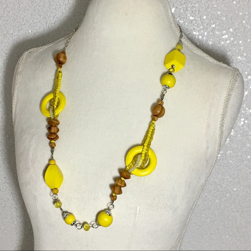 Yellow wood bead statement necklace
