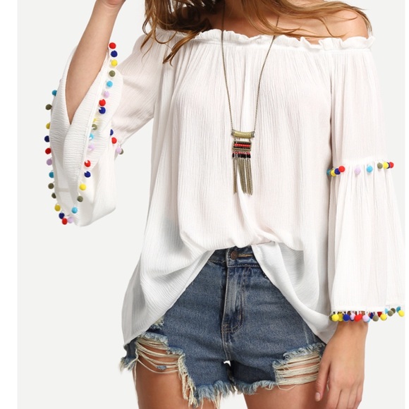 Tops - Off the Shoulder Bell Sleeve Pom Pom Top (S)