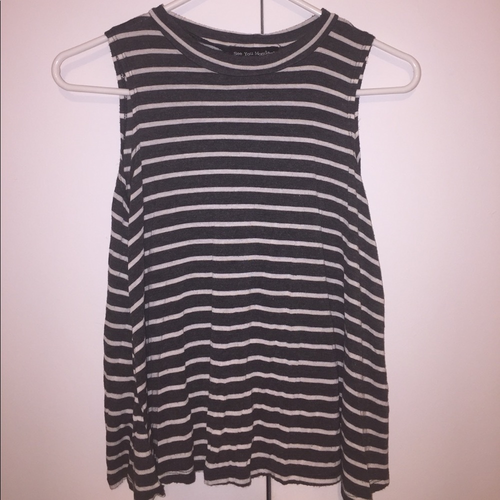Gray and White Striped Open Sleeve Top