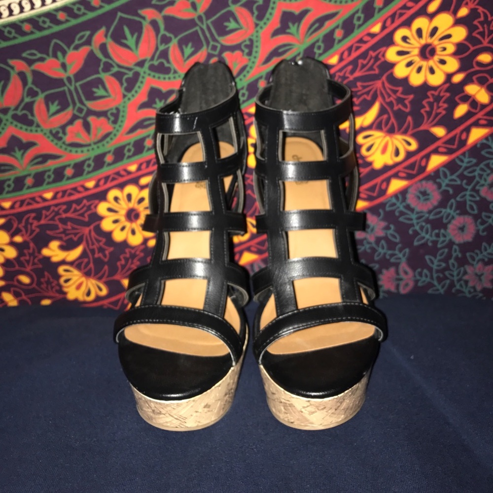 NWOT Black Latticed Cork-Bottom Wedges