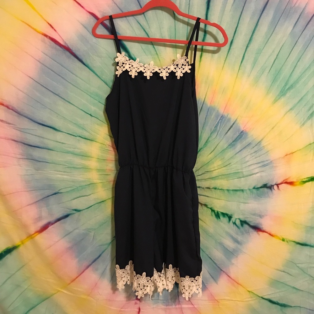 Navy Blue Romper with White Flower Lace