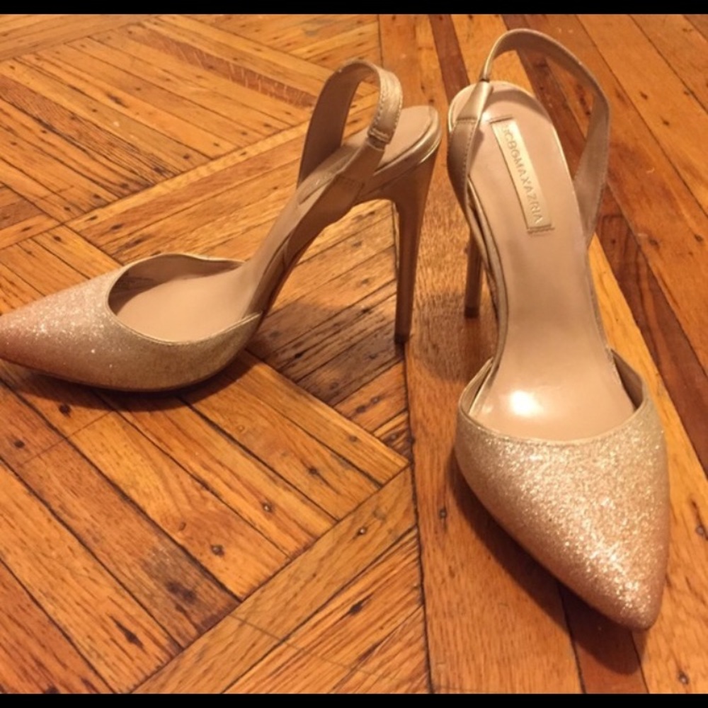 BCBG Maxazaria super sleek gold glitter heels