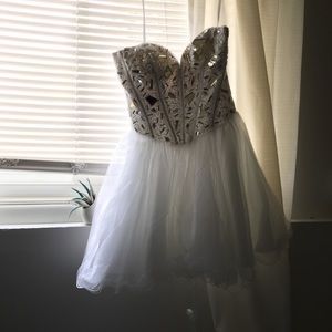 Short, strapless white prom dress