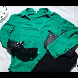 BUSINESS BLOUSE BUTTON UP GREEN CHIFFON SIZE M