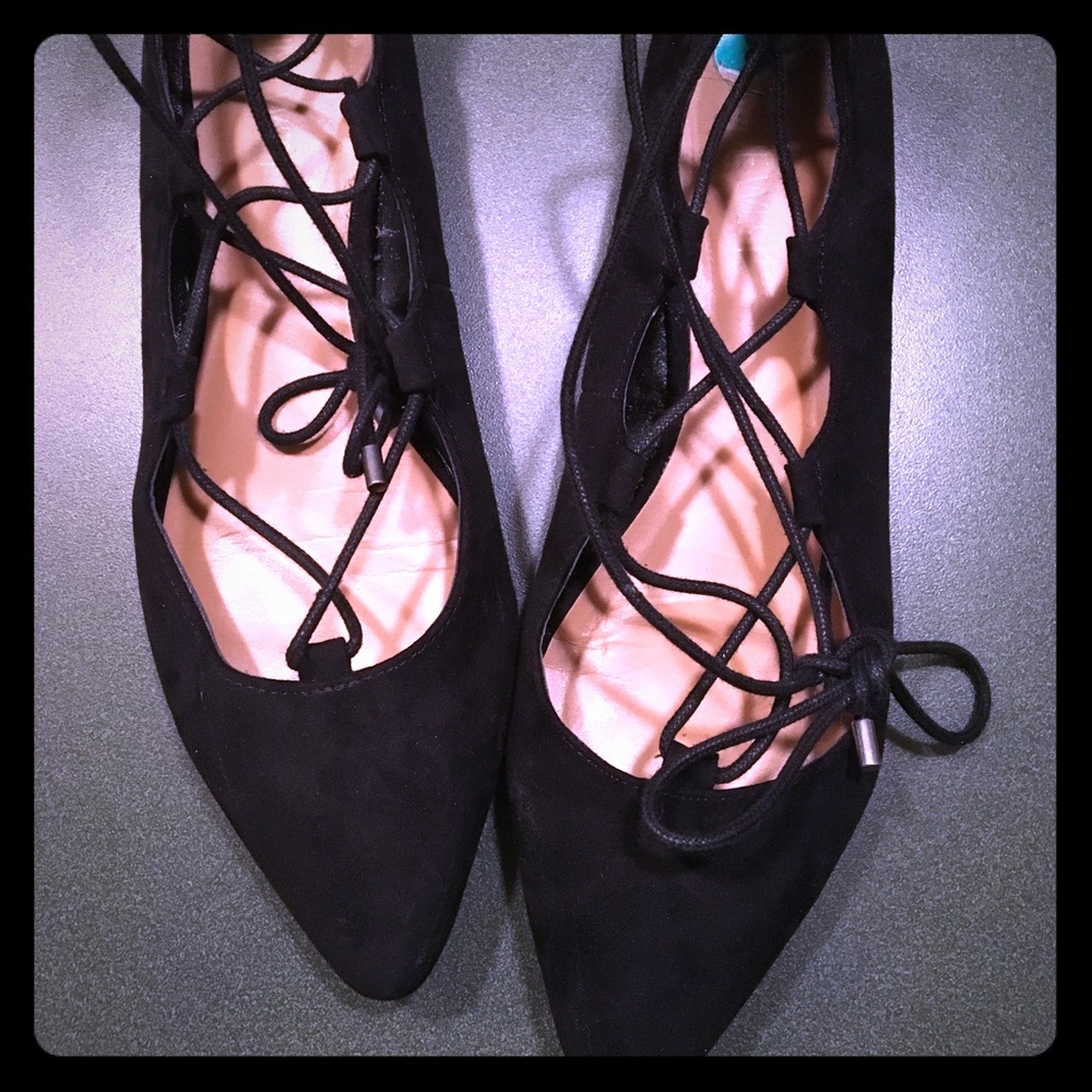 Suede Black Lace up Ballet Flats (Nine West)