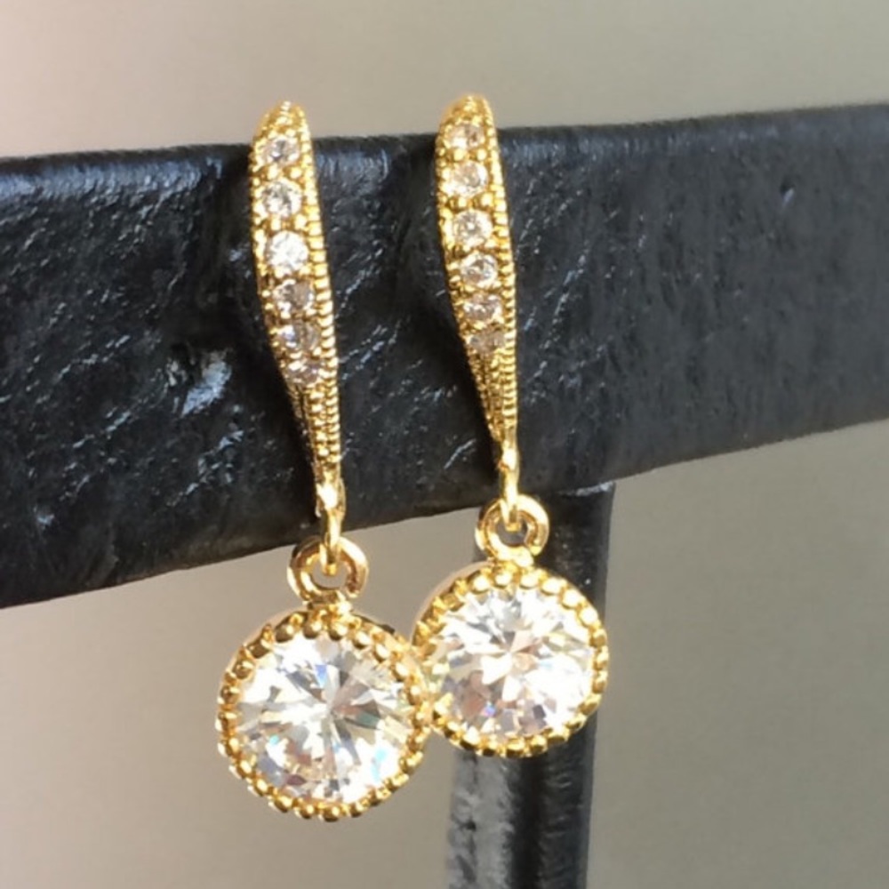 Pave Gold Clear Crystal Drop Dangle Earrings
