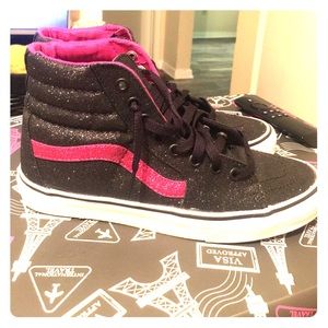 GLITTER BLACK AND PINK HIGHTOP VANS!!