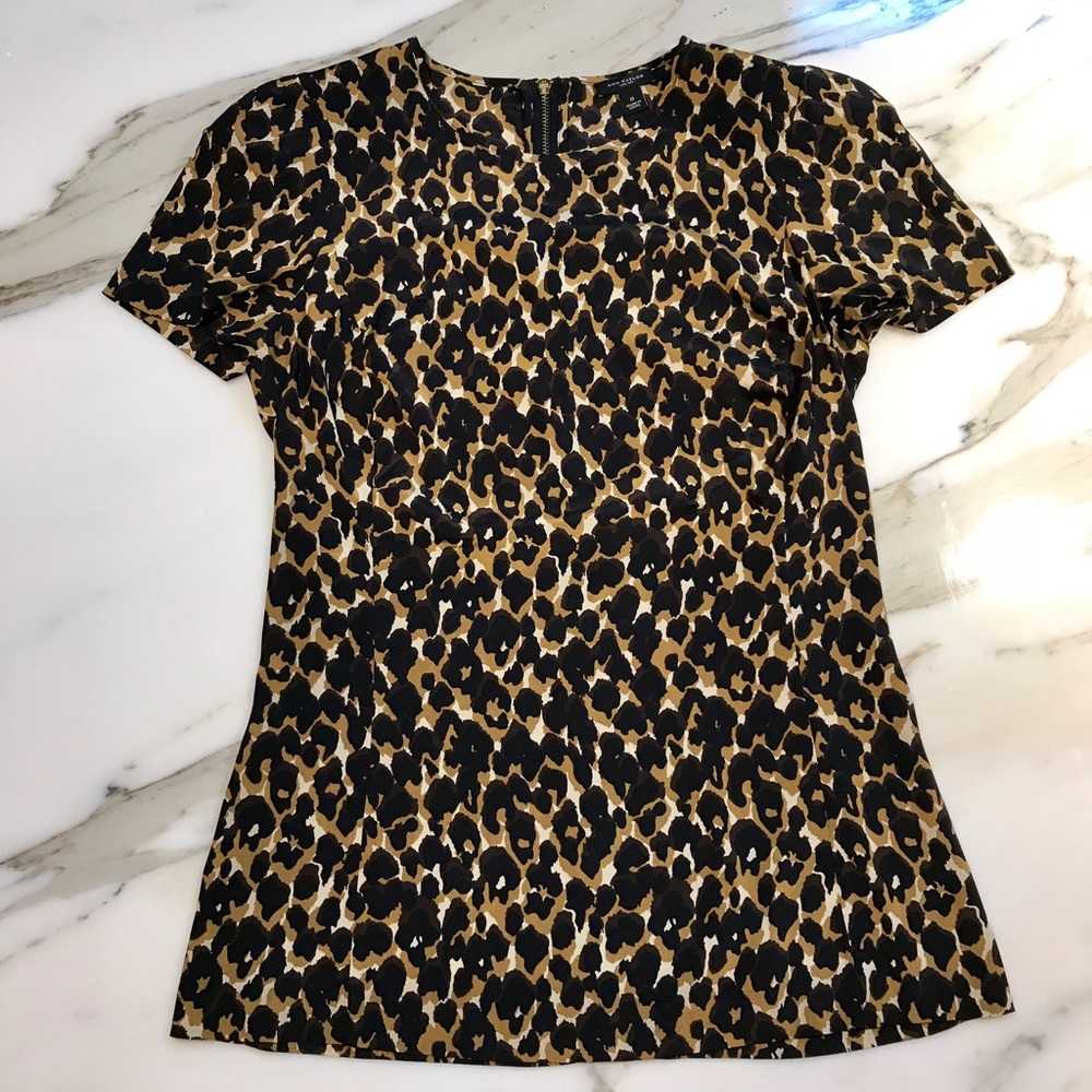 ANN TAYLOR Silk Leopard Blouse with Gold Back Zip