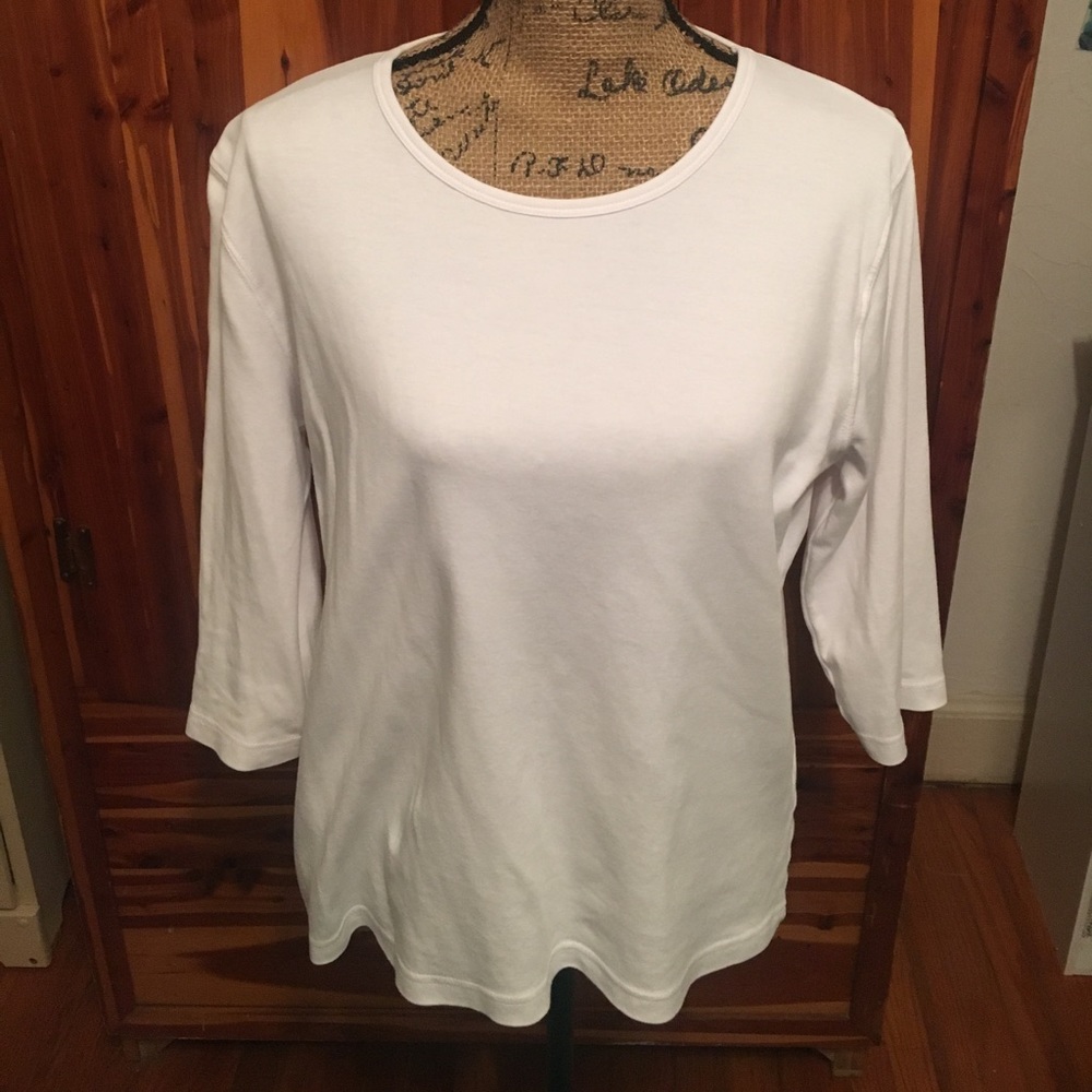 White 3/4 sleeve t-shirt by Bleu Bayou.