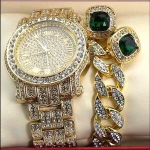 Men's Gold Plated Watch&Braclet&Green Ruby Earings