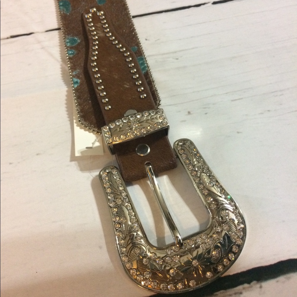 🎀Aqua rhinestone brownwestern belt