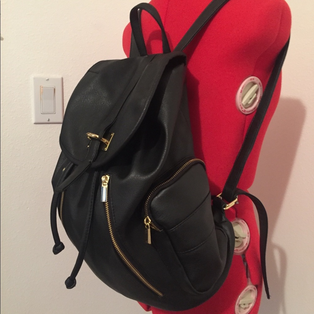 Black faux leather backpack